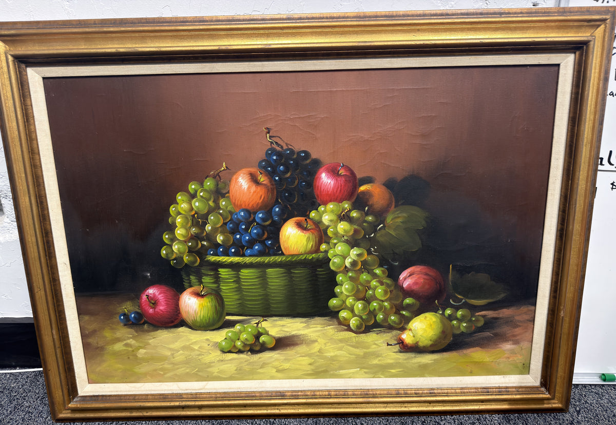 Vintage oil painting still life fruit w/dark background