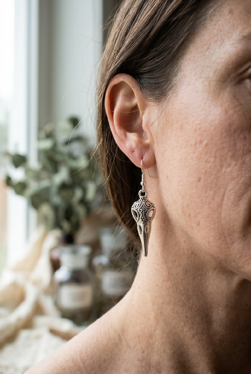Sterling Silver Crow Skull Earrings