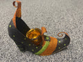 Black orange and green glitter metal witch shoe tealight candle holder with amber glass cup