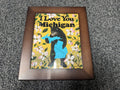 I Love You Michigan framed print with black bear hugging Michigan silhouette and apple blossoms