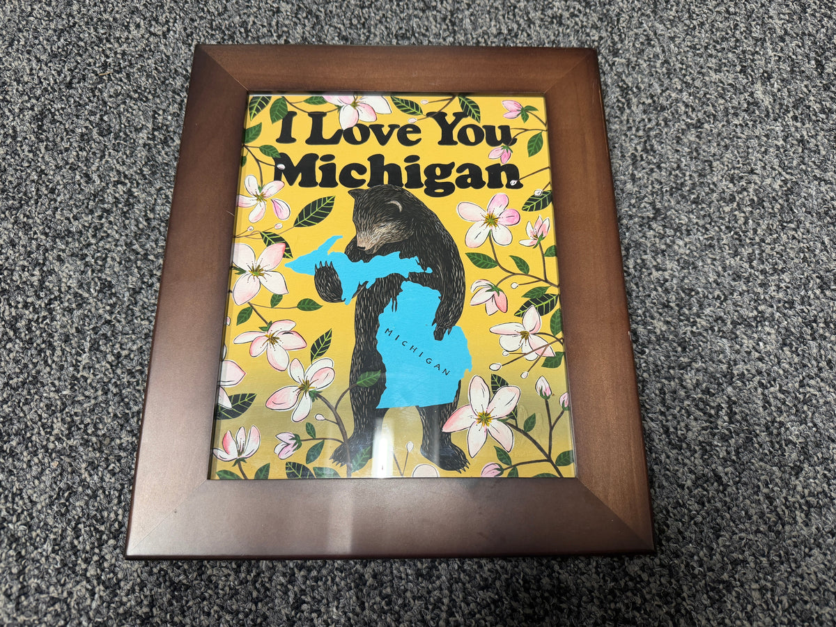 I Love You Michigan framed print with black bear hugging Michigan silhouette and apple blossoms