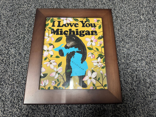 I Love You Michigan framed print with black bear hugging Michigan silhouette and apple blossoms
