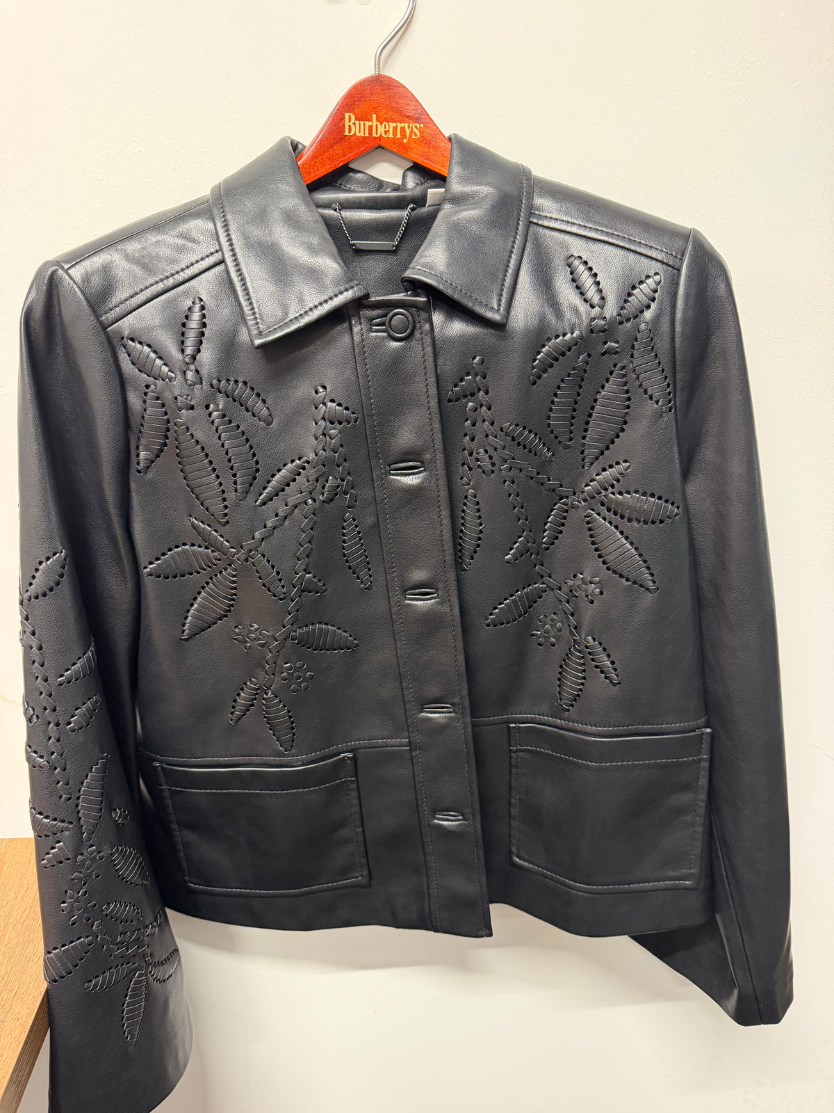 Black Embroidered Faux-Leather Jacket