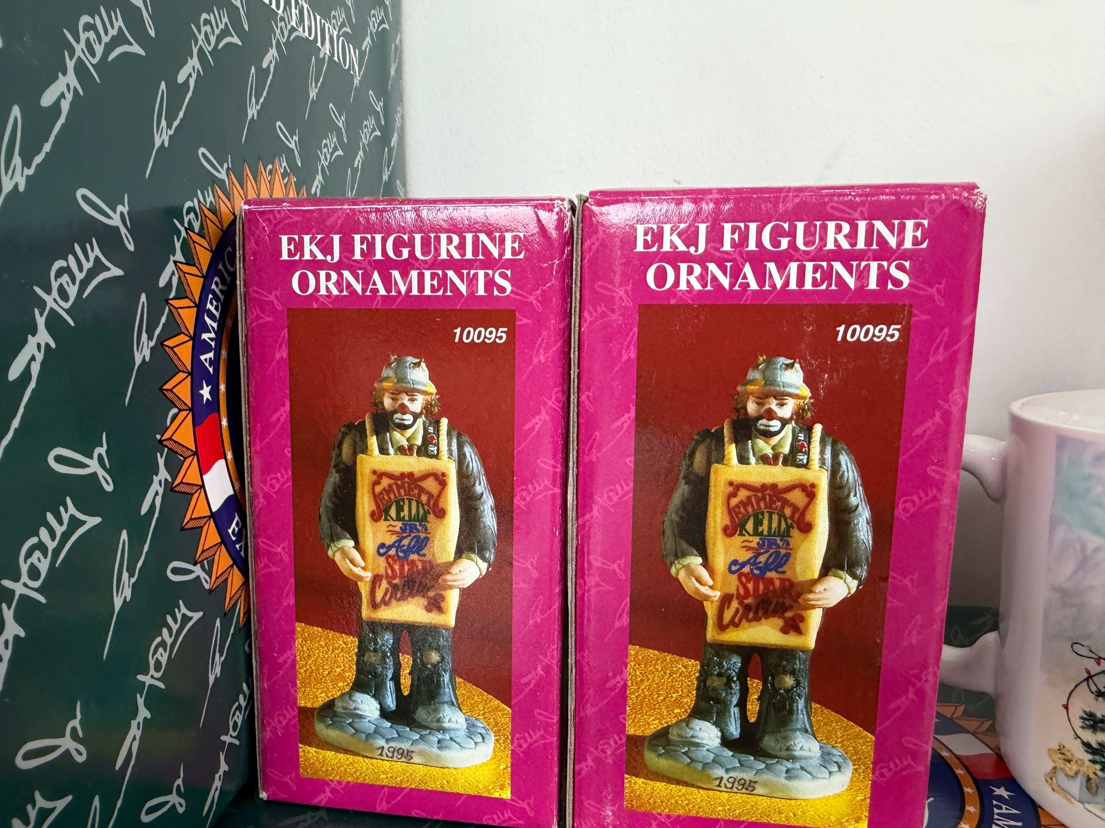 EKJ Figurine Ornaments #10095 — Emmett Kelly Jr. 1995 Flambro, two boxes