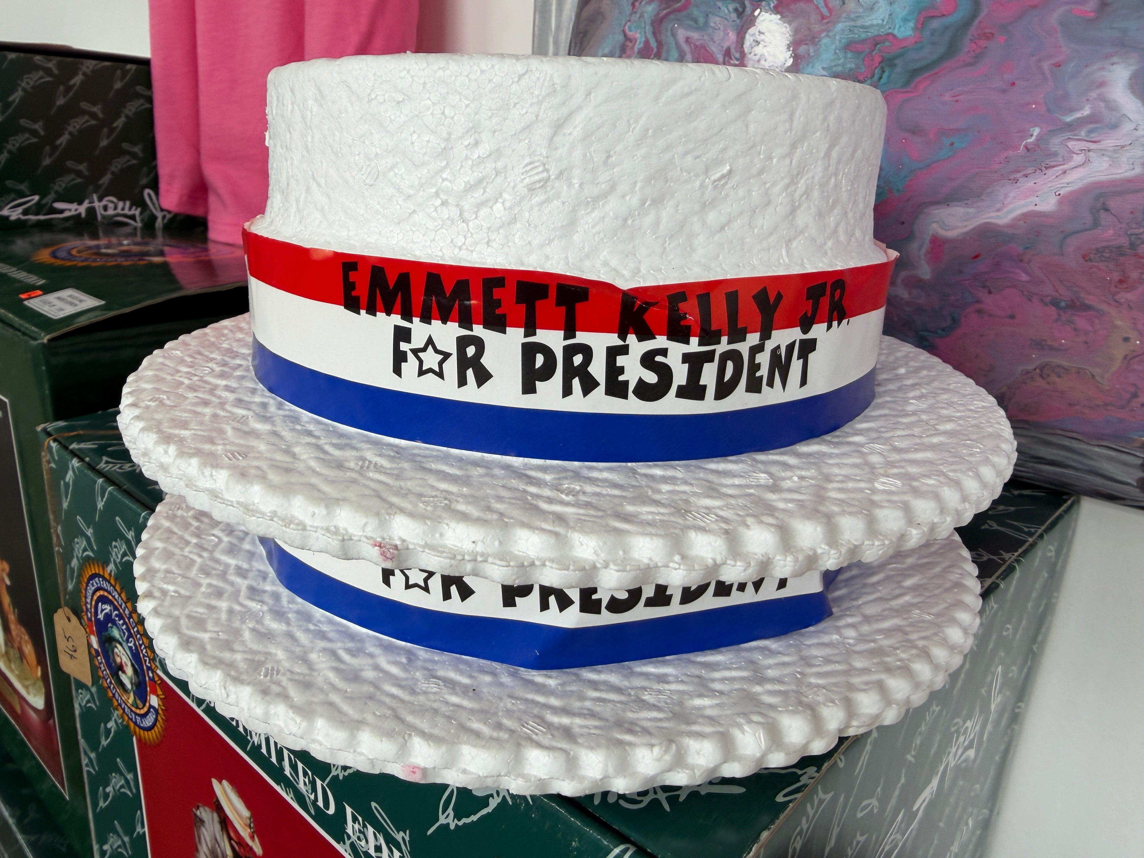 Emmett Kelly Jr. For President campaign straw hats – Flambro EKJ collectible novelty, red white and blue band