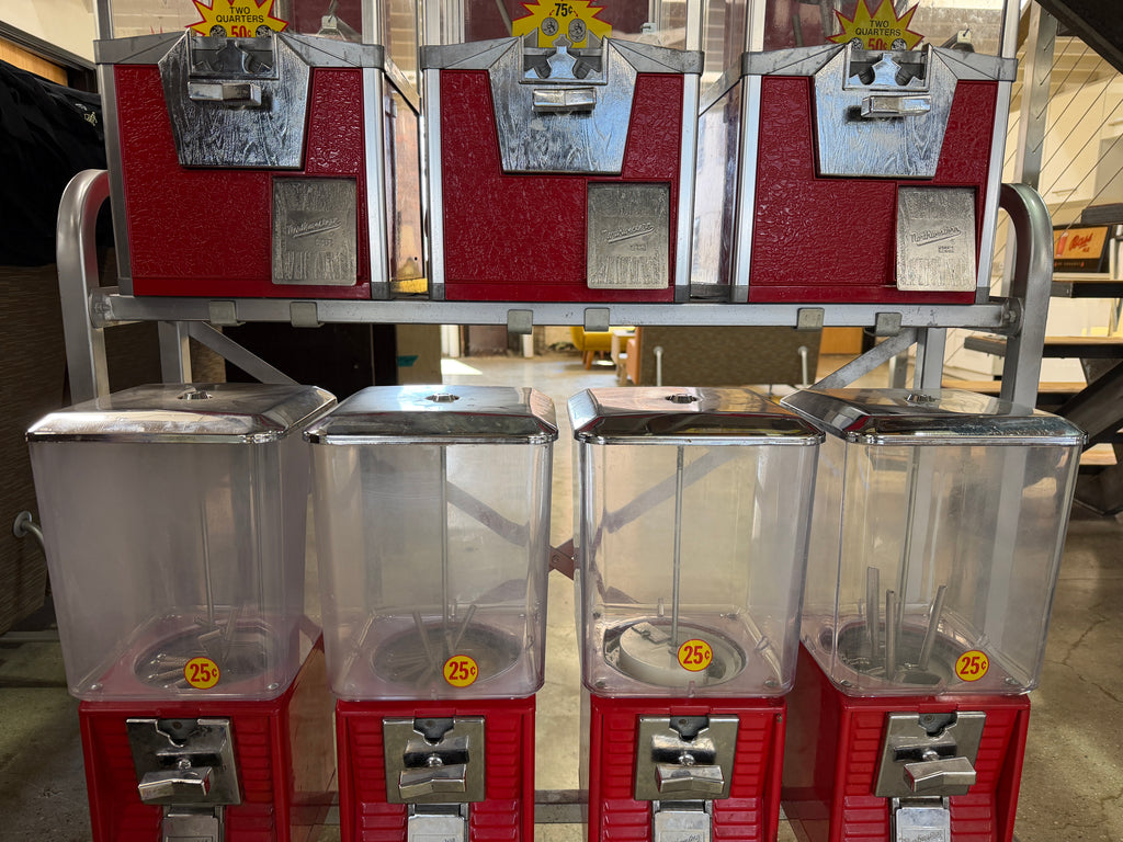 Northwestern Bulk Vending Machine Rack — 7-Machine Set, Red & Chrome, Fully Functional