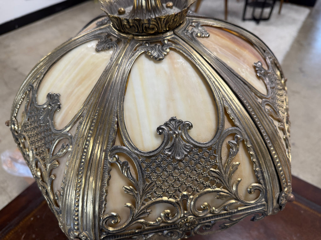 Art Nouveau Slag Glass Table Lamp — Caramel Panel, Cast Bronze Filigree
