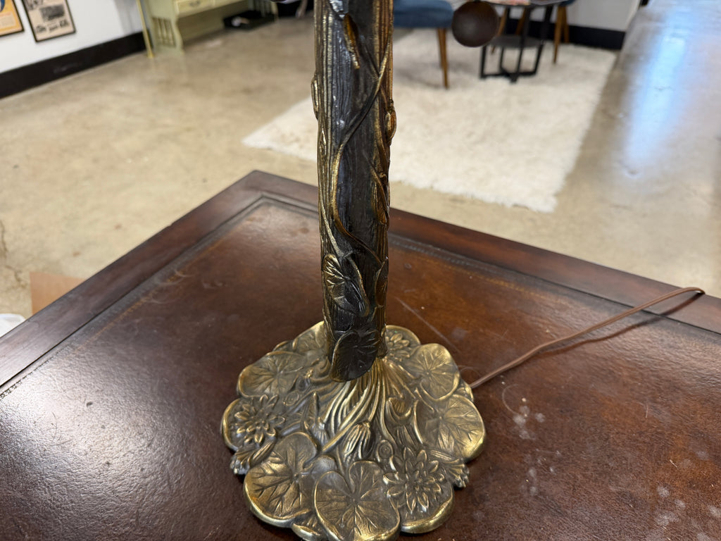 Art Nouveau Slag Glass Table Lamp — Caramel Panel, Cast Bronze Filigree
