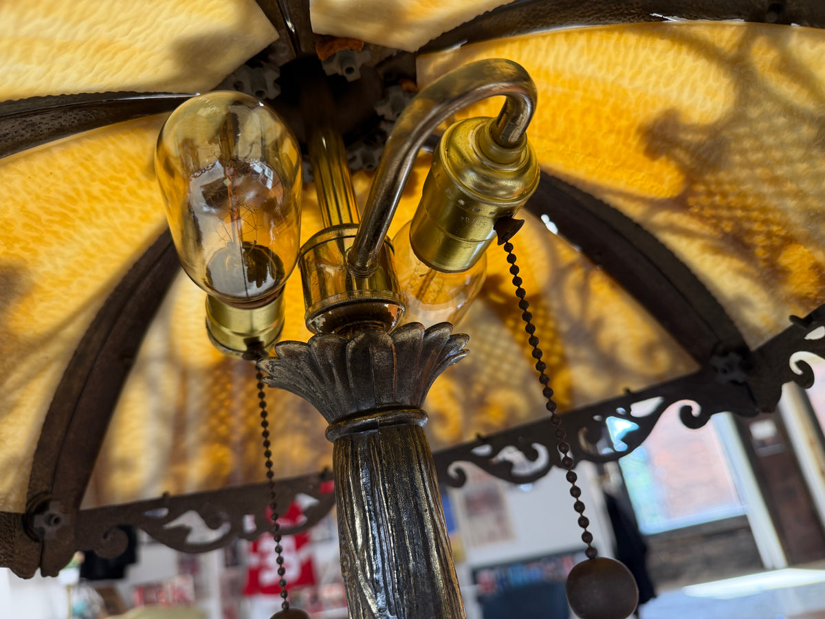 Art Nouveau Slag Glass Table Lamp — Caramel Panel, Cast Bronze Filigree