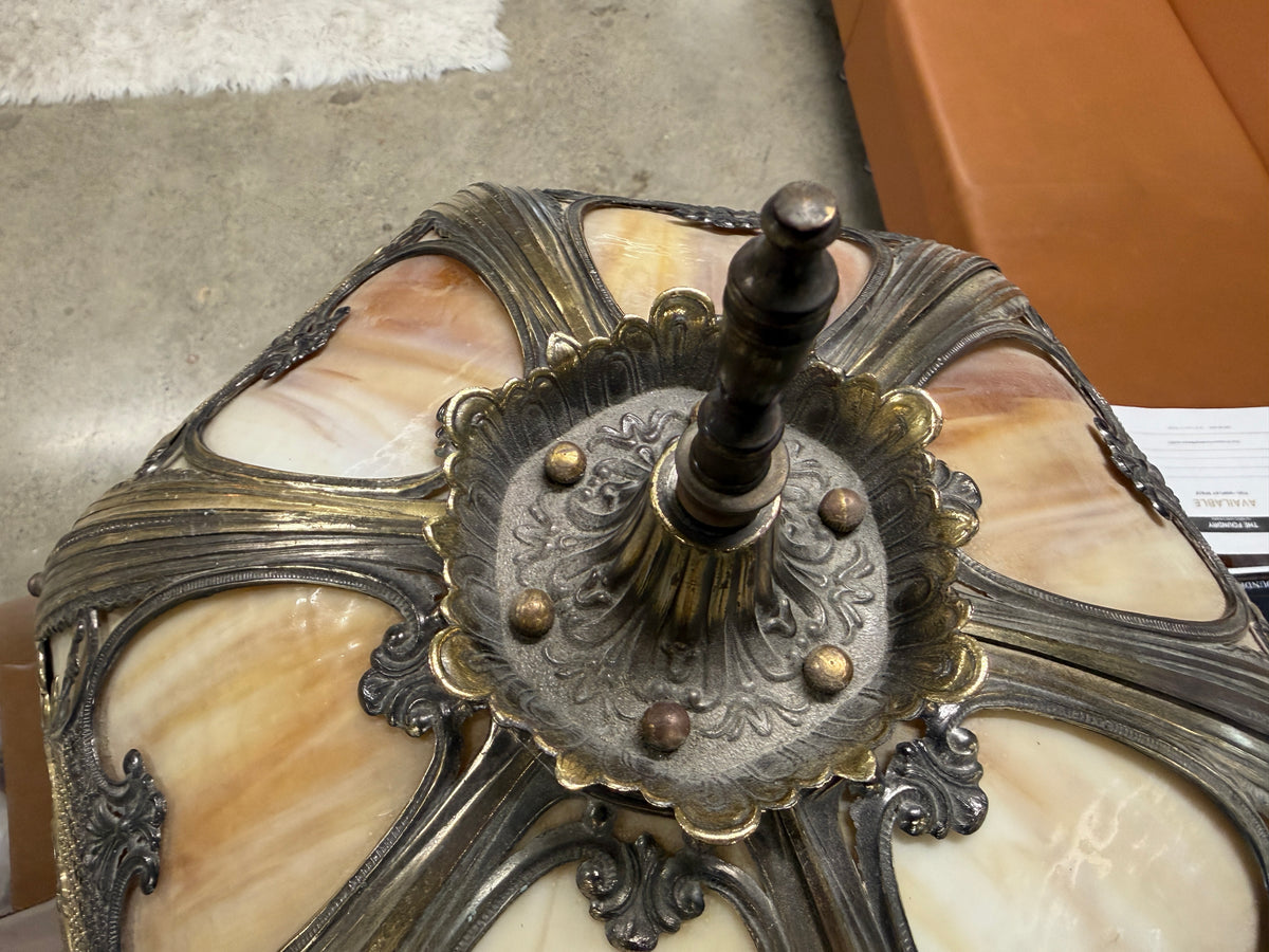 Art Nouveau Slag Glass Table Lamp — Caramel Panel, Cast Bronze Filigree