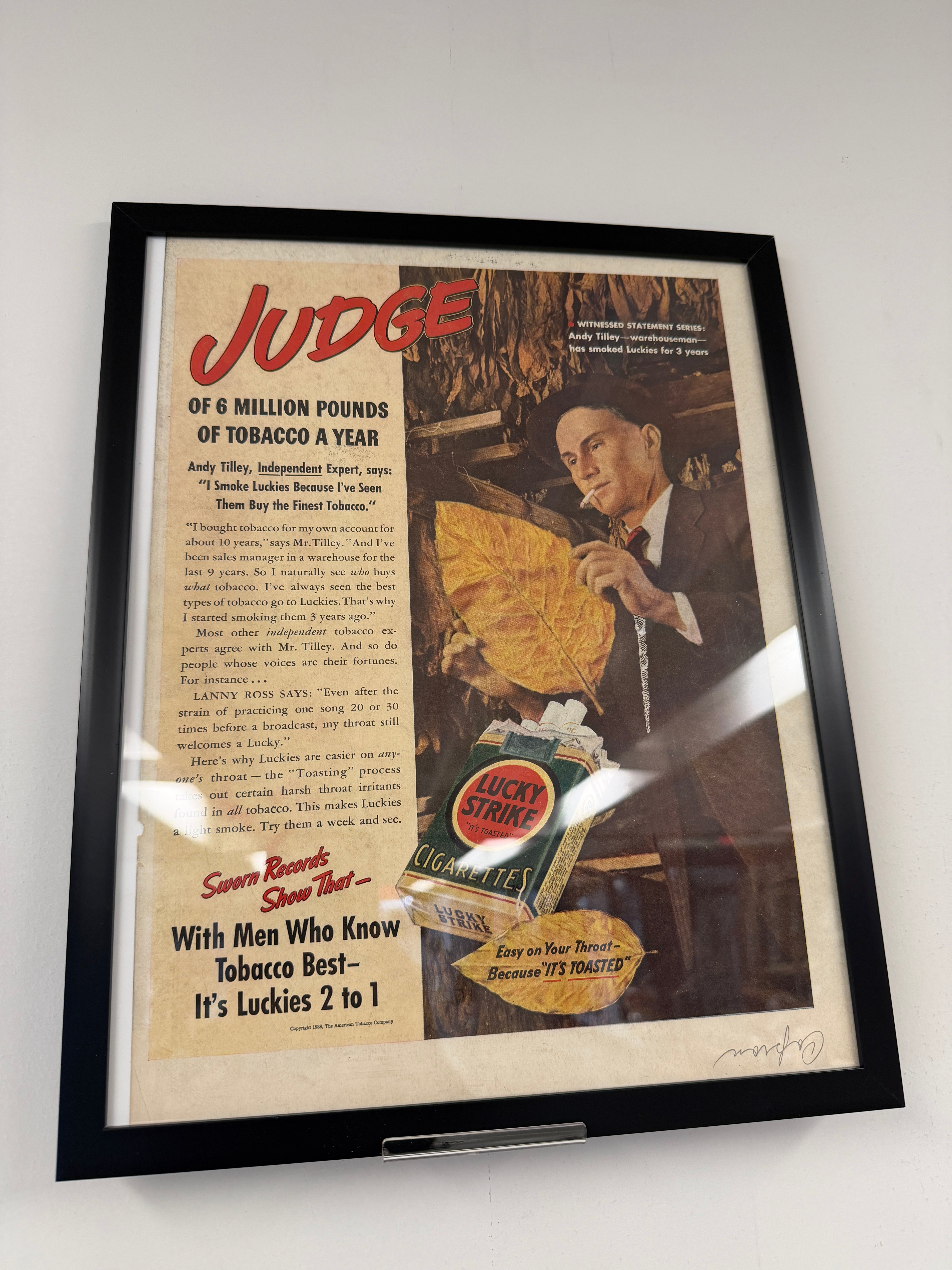 Framed Lucky Strike Vintage Advertisement — "Judge of 6 Million Pounds of Tobacco" (c. 1940s)