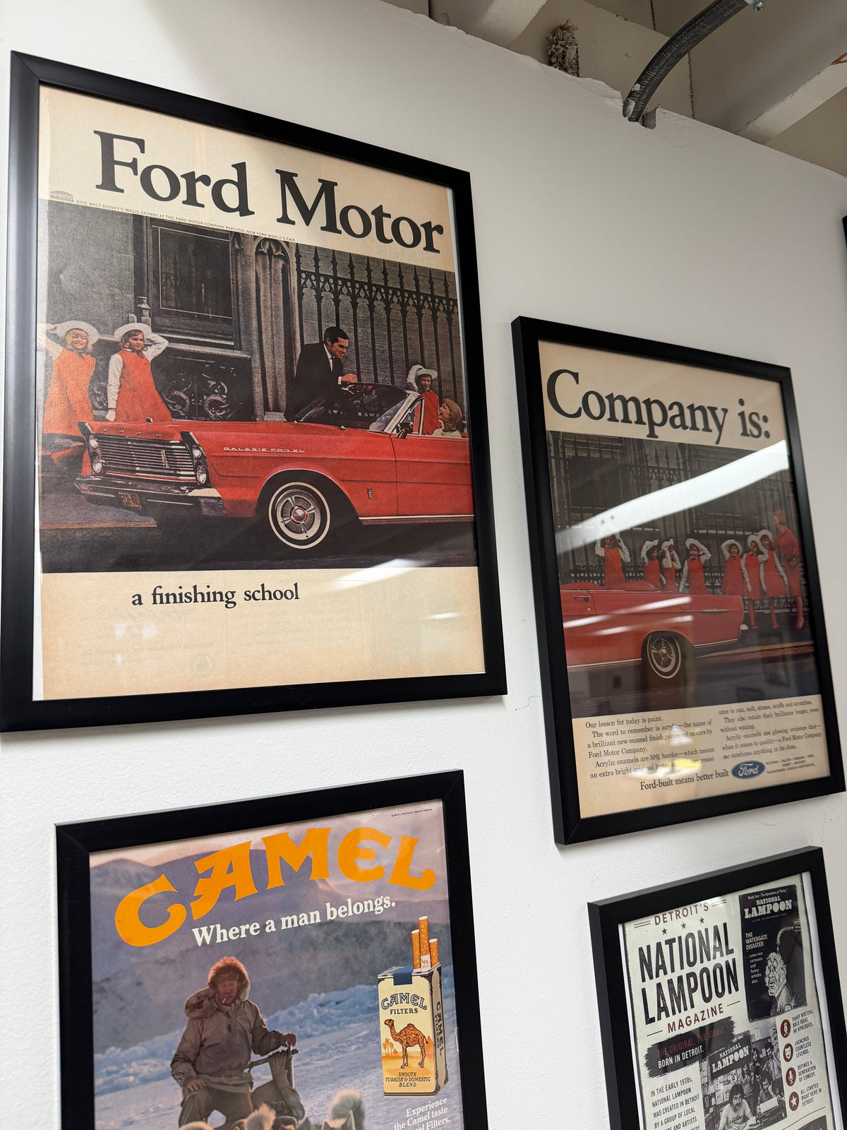 "Ford Motor Company is: a finishing school" — Framed Vintage Ad Diptych, c. 1965 (11x15, Set of 2)