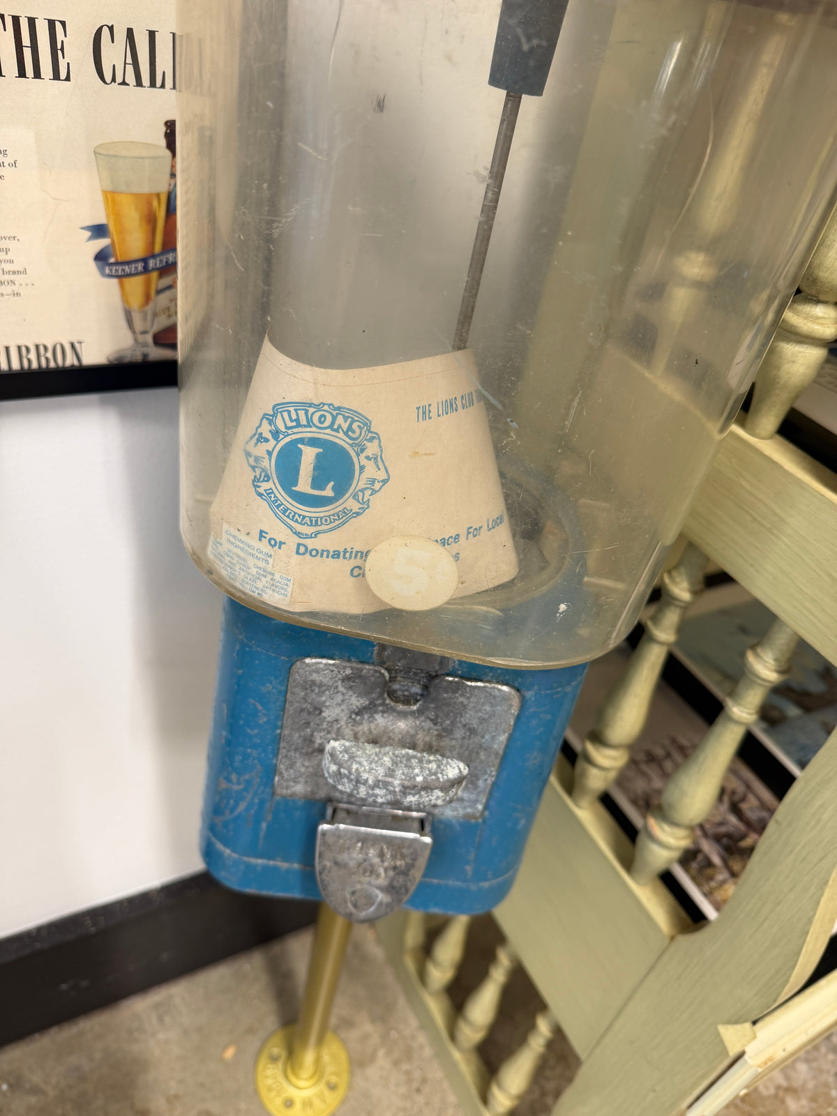 Lions International Vintage Gumball Machine on Brass Floor Stand — Blue Cast Iron, Original Donation Cone