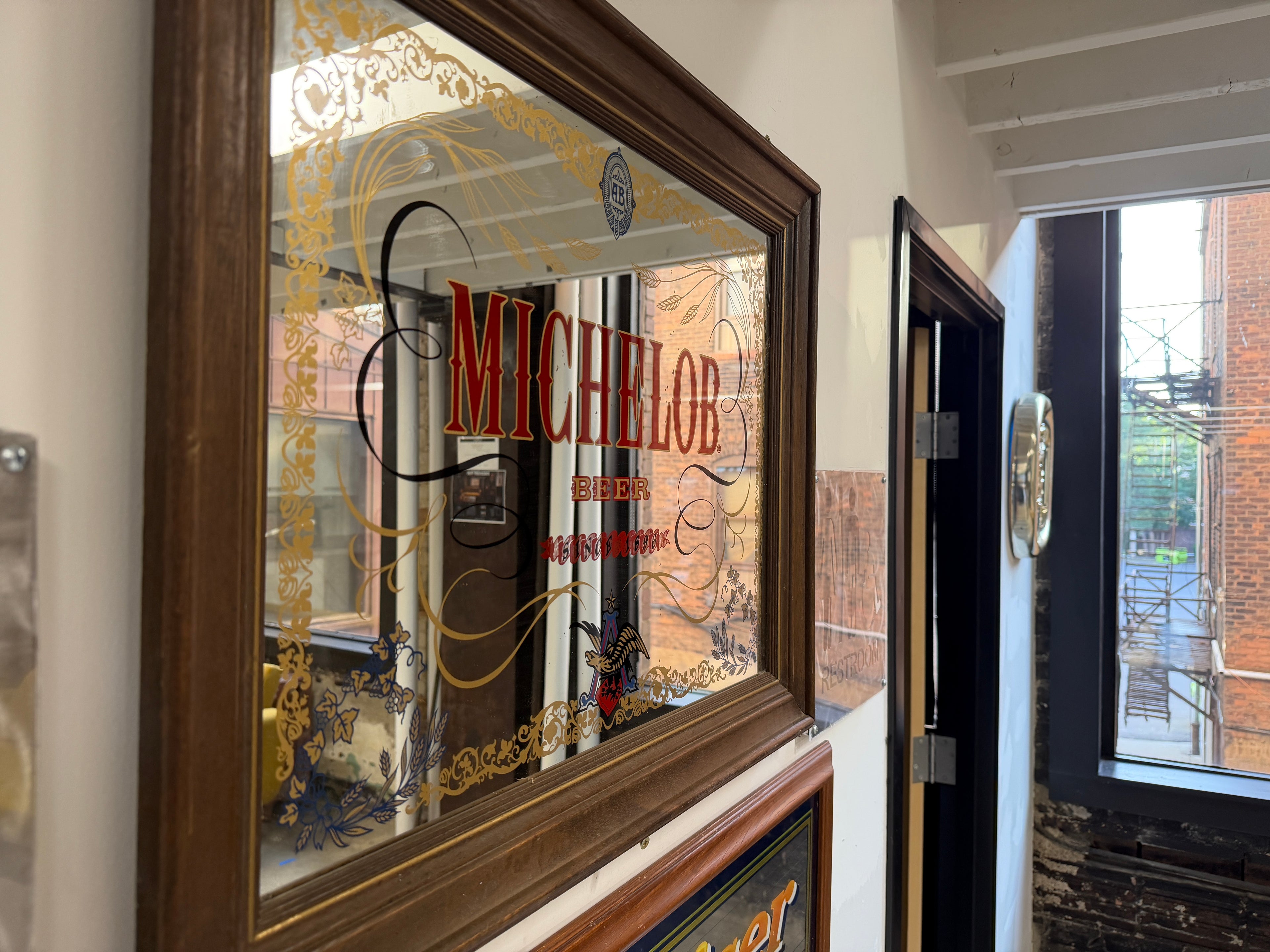 Michelob Beer Vintage Bar Mirror — Wood Frame, Gold Etched Glass (Vintage & Found)