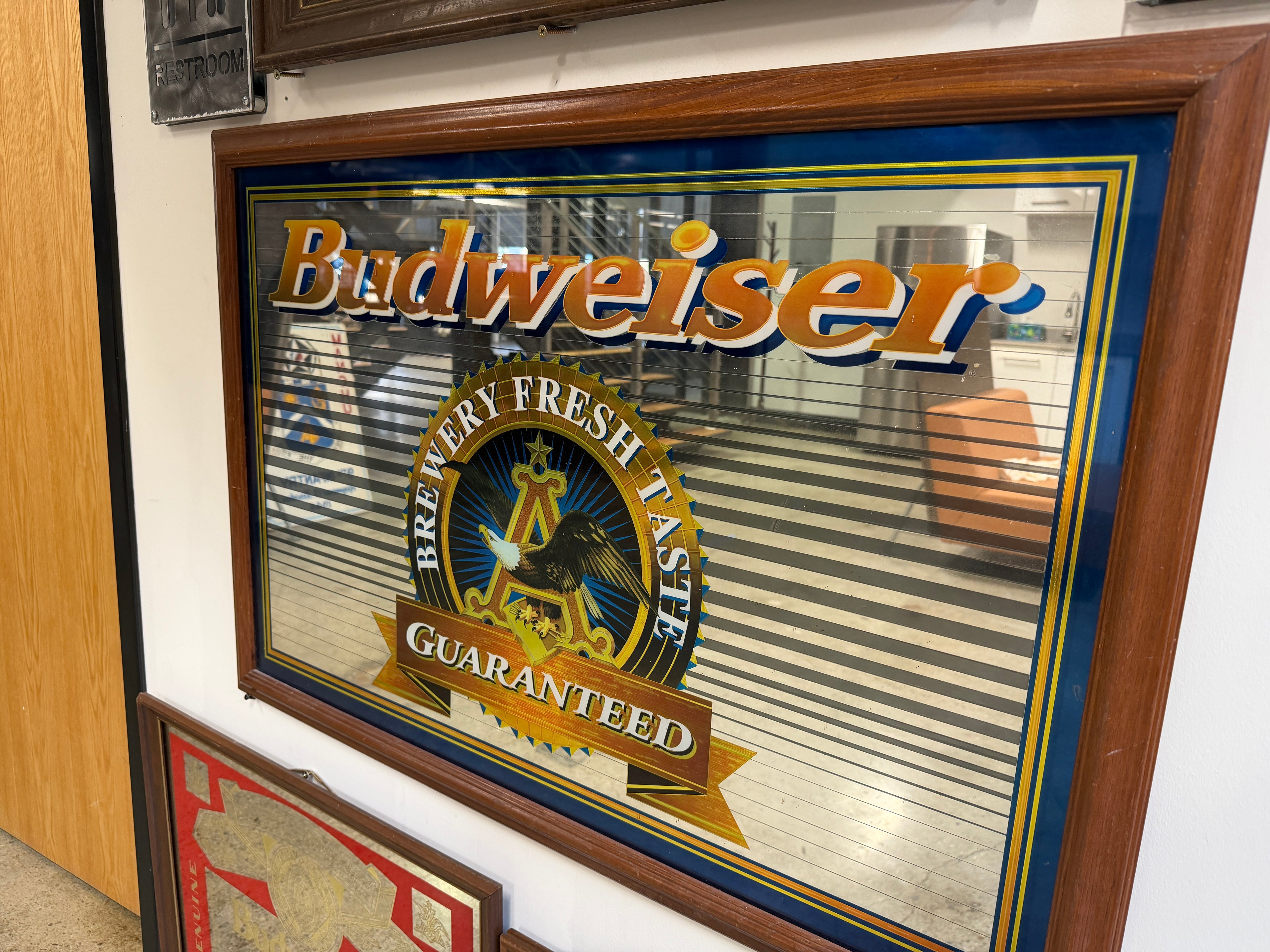 Budweiser “Brewery Fresh Taste” Vintage Bar Mirror — Wood Frame (Vintage & Found)