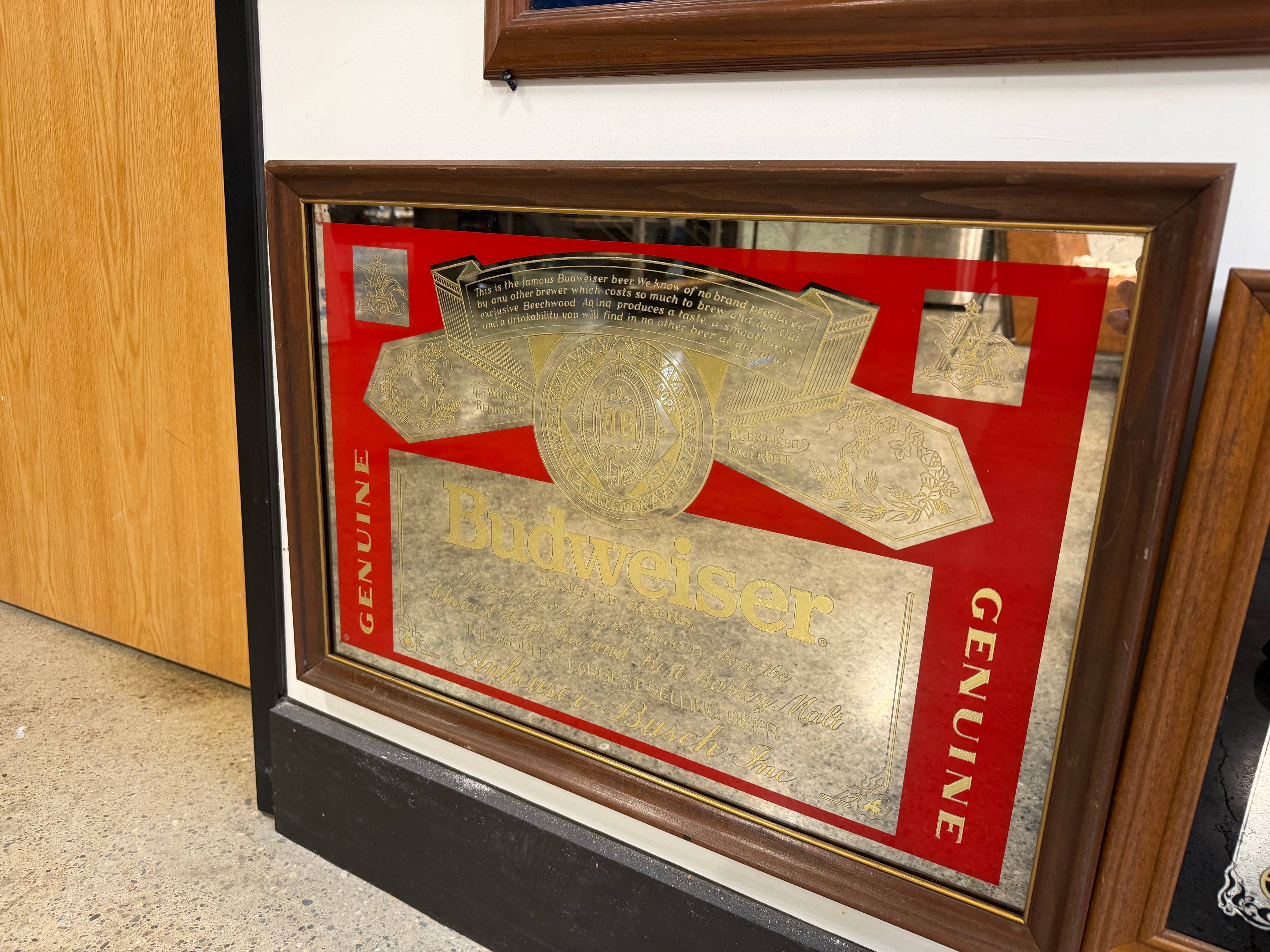 Budweiser “Genuine” Label Vintage Bar Mirror — Wood Frame (Vintage & Found)