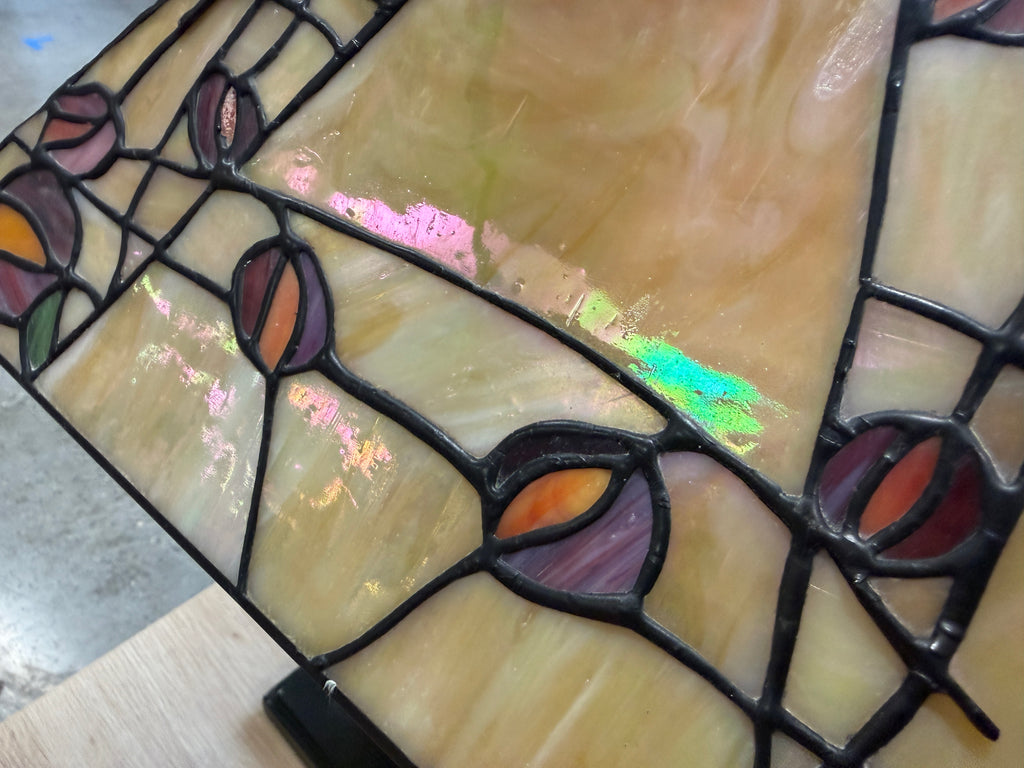 Tiffany-Style Stained Glass Table Lamp — Mission Tulip, Amber Iridescent (Vintage & Found)