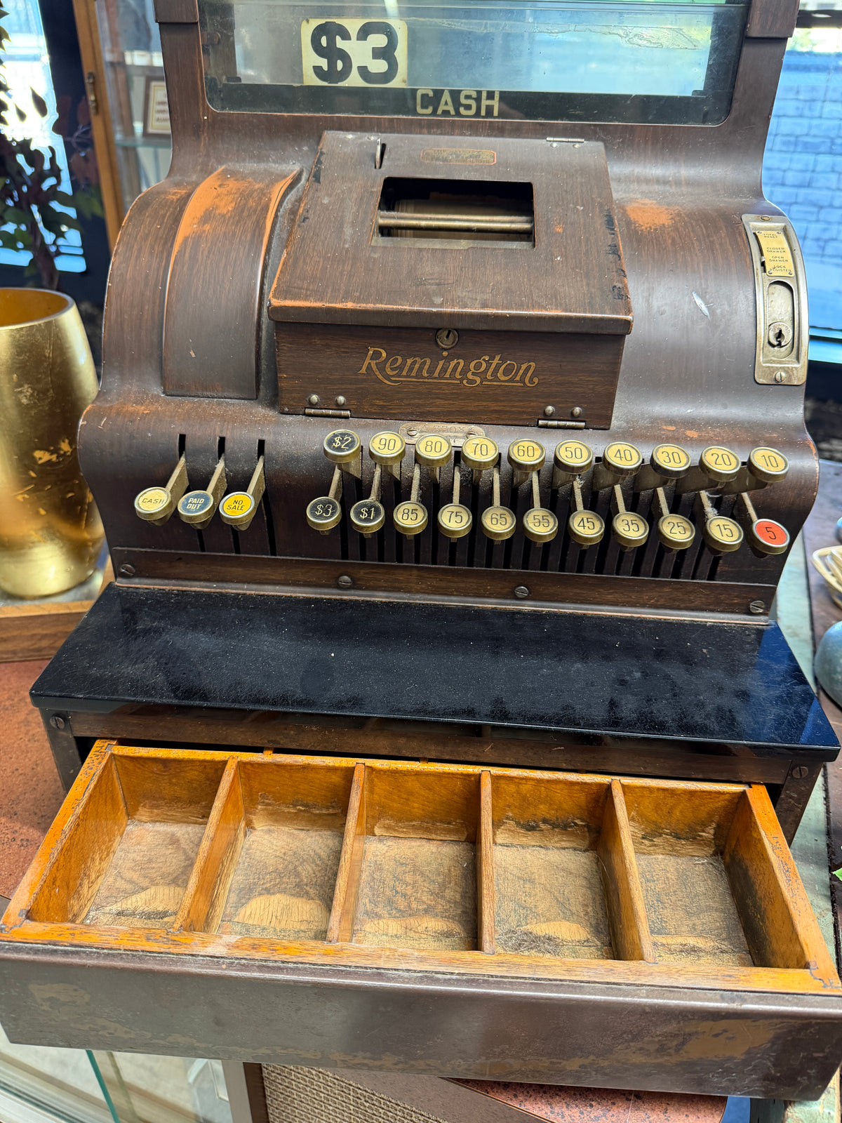 Remington Antique Cash Register — Oak Cabinet, Brass Keys, Glass Display (Vintage & Found)