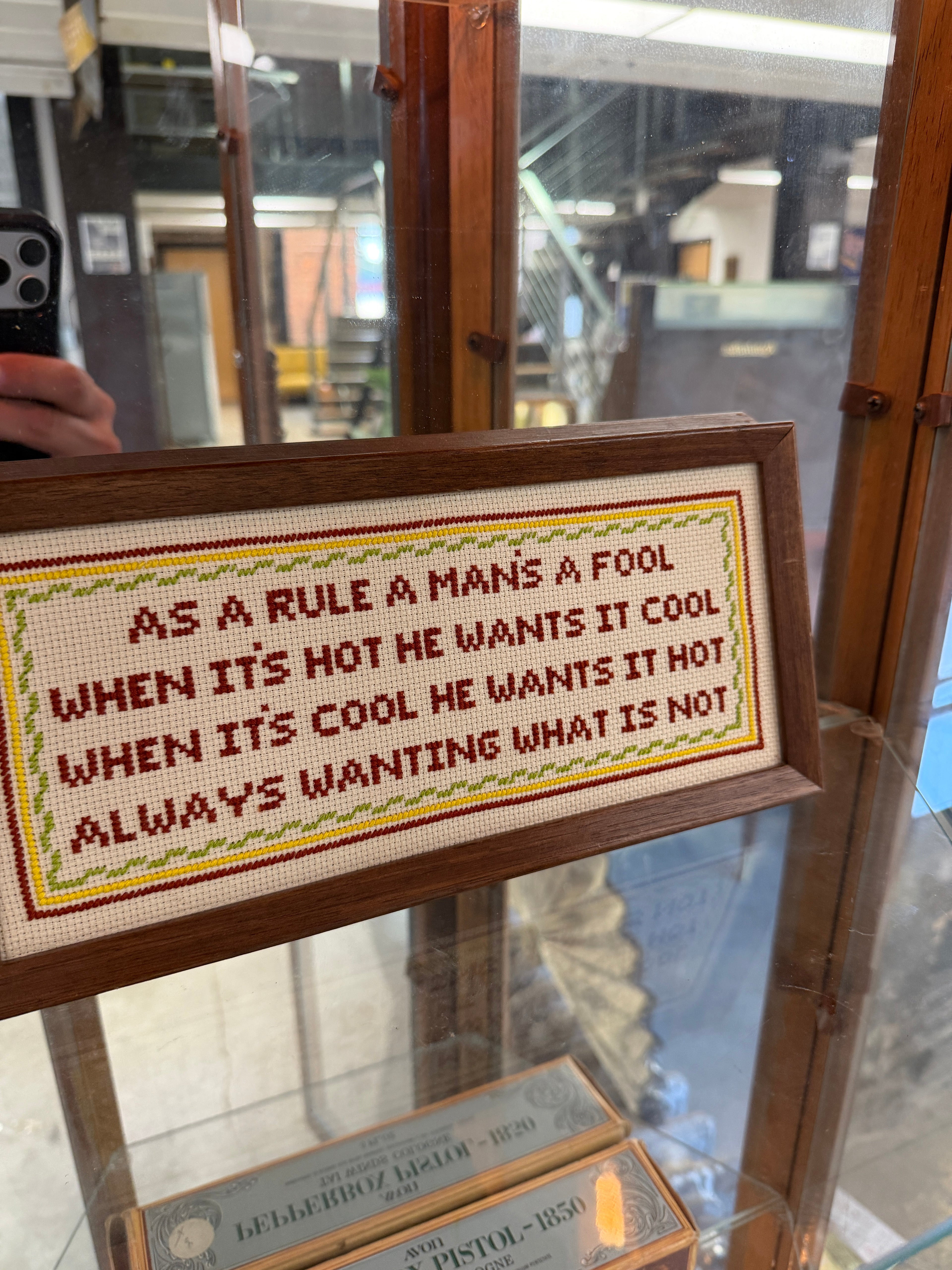 "As a Rule a Man's a Fool" — Framed Needlepoint Sampler, Walnut Frame (Vintage & Found)