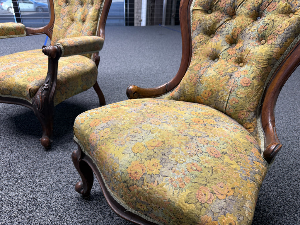 Victorian Carved Walnut Parlor Armchairs — Matched Pair (Vintage & Found)
