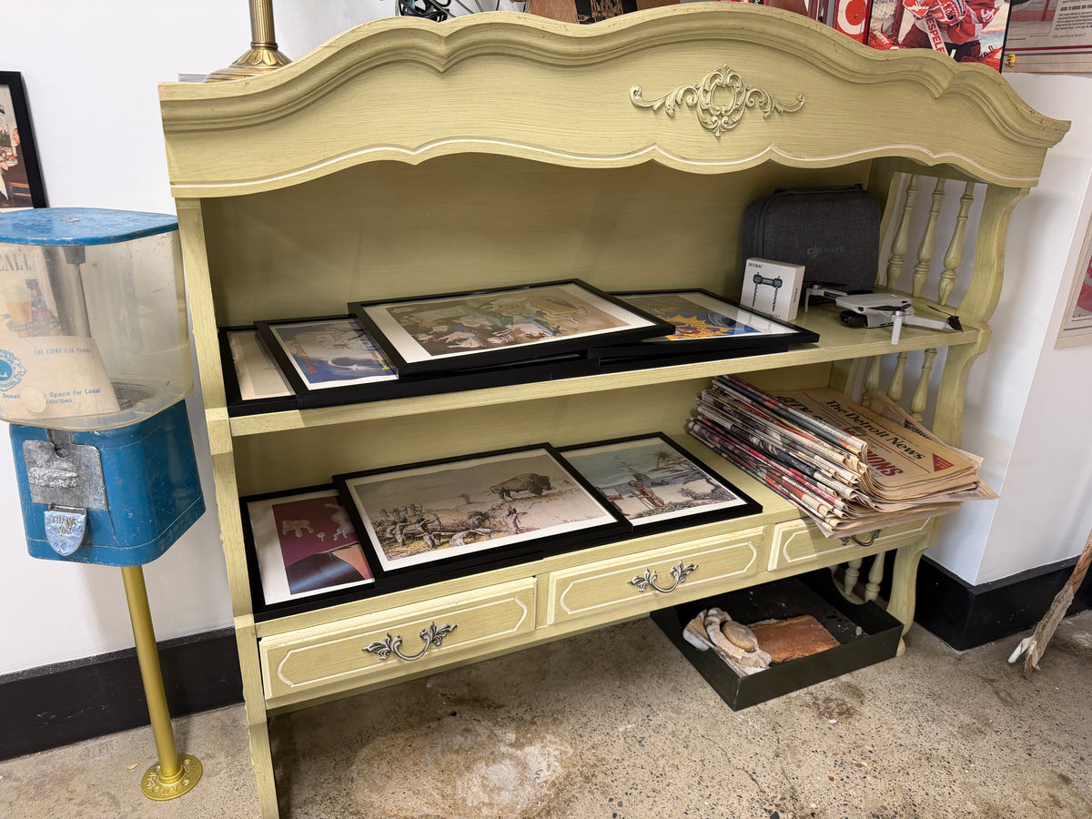 French Provincial Painted Buffet Hutch — Sage Green, Gilt Hardware (Vintage & Found)