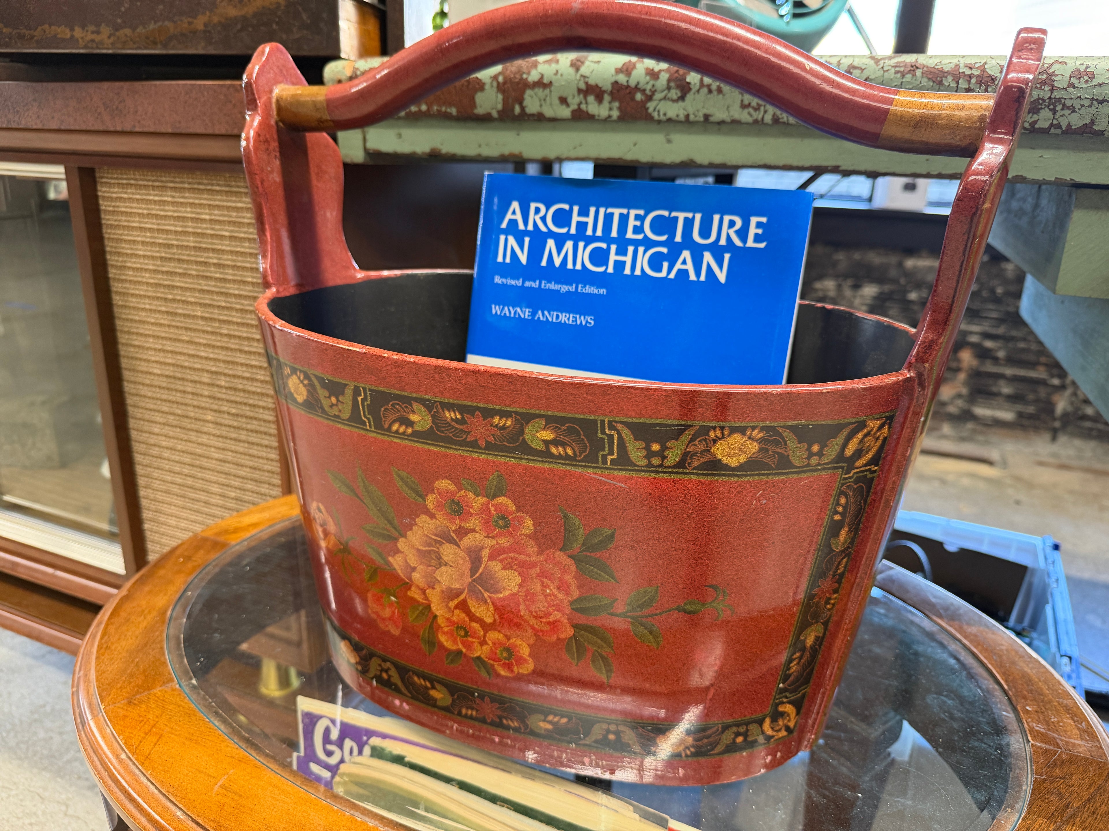 Red Tole-Painted Floral Bucket with Arched Handle — Mid-Century (Vintage & Found)