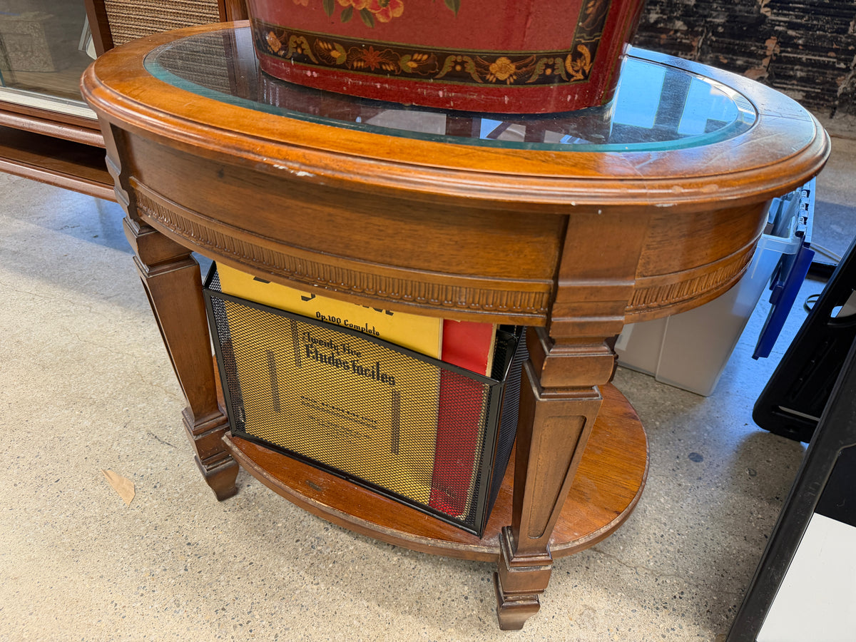 Demilune Glass-Top Side Table with Magazine Rack — Traditional (Vintage & Found)