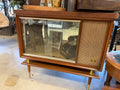 Motorola Mid-Century Console TV Cabinet — Walnut, Sliding Glass Door, Brass Legs (Vintage & Found)
