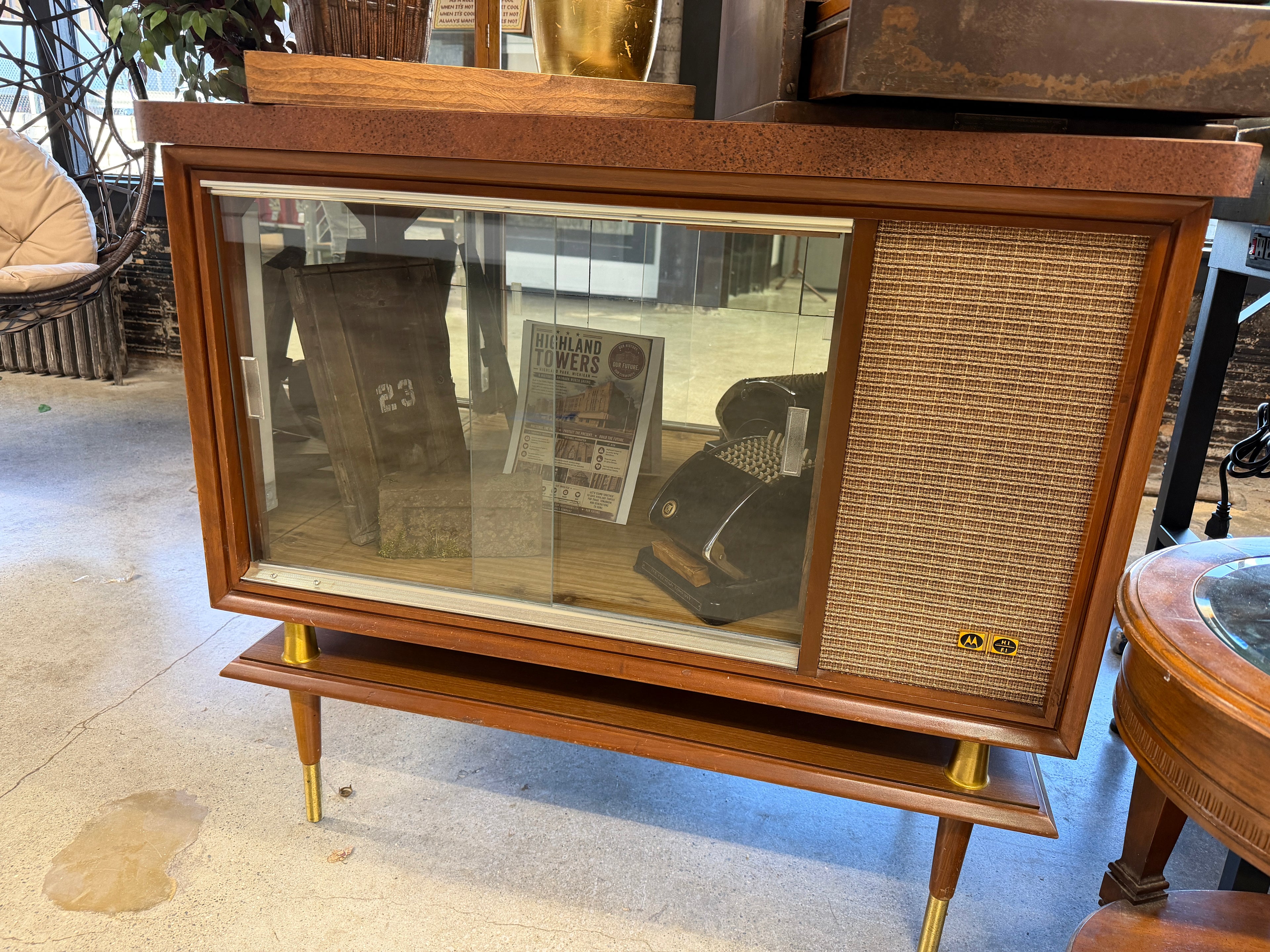 Motorola Mid-Century Console TV Cabinet — Walnut, Sliding Glass Door, Brass Legs (Vintage & Found)