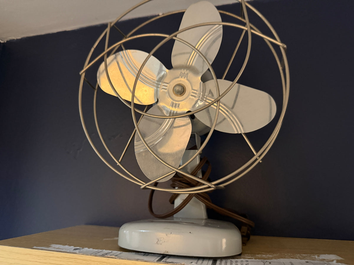 Vintage Mid-Century Desk Fan — Wire Cage, 4-Blade, Working