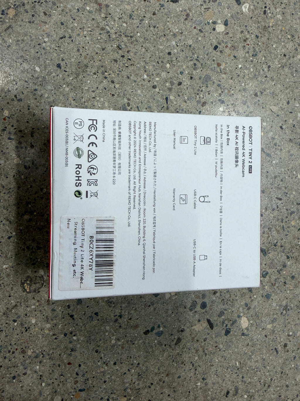 OBSBOT Tiny 2 Lite 4K webcam back of box showing specs and contents