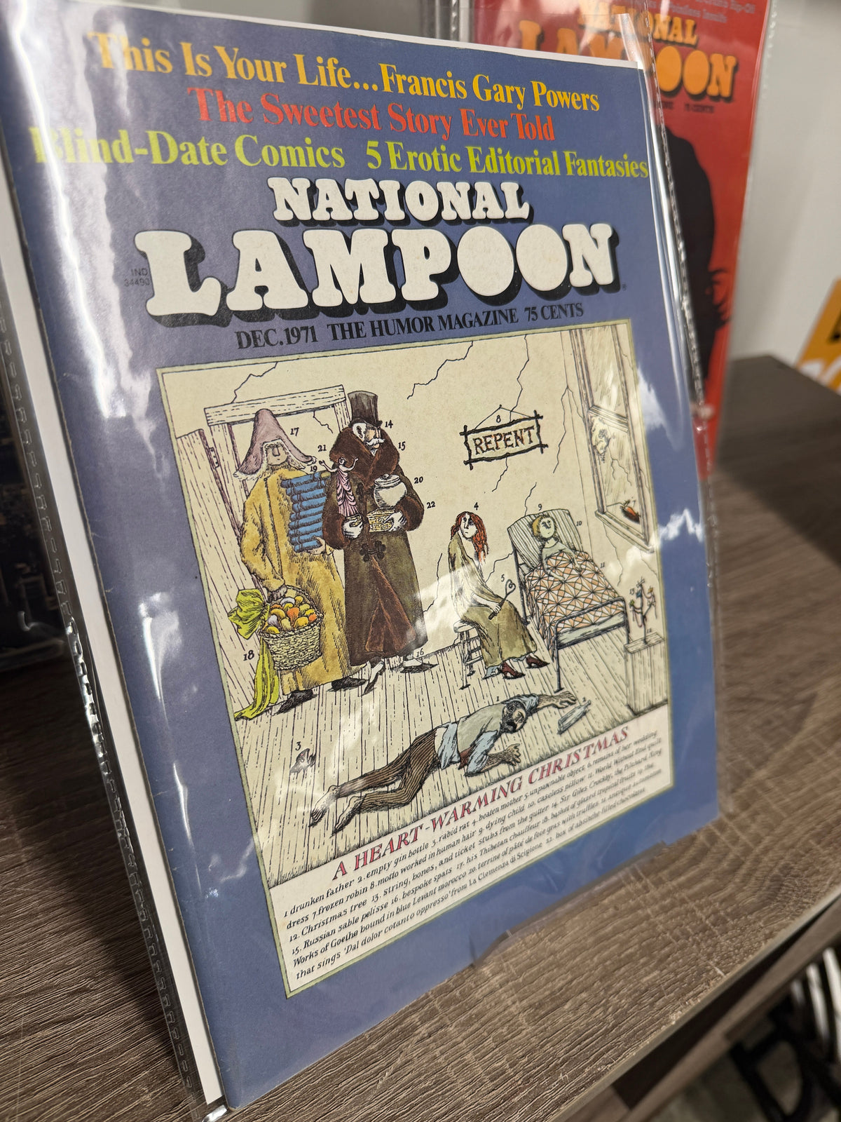 National Lampoon December 1971 A Heart-Warming Christmas issue, numbered diagram of bleak holiday scene cover
