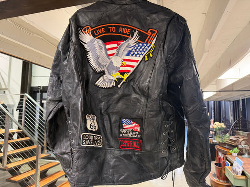 Back of vintage Live to Ride patchwork leather biker jacket with eagle and Americana patches
