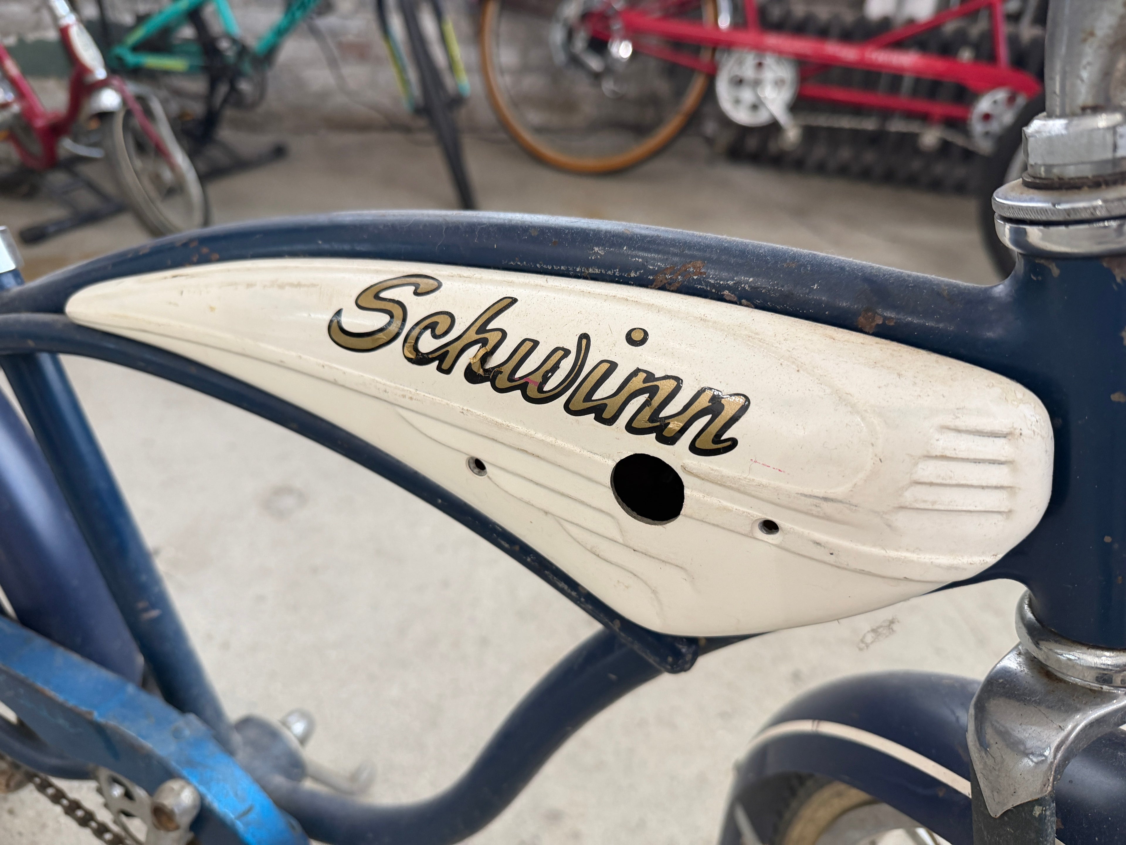 Close-up of Schwinn Typhoon white tank-style insert with original Schwinn script lettering in gold on blue frame — vintage bicycle detail at The Foundry Pontiac