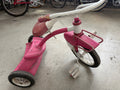 Vintage pink and white tricycle c. 1950s-1960s with front basket and original grips, faded patina