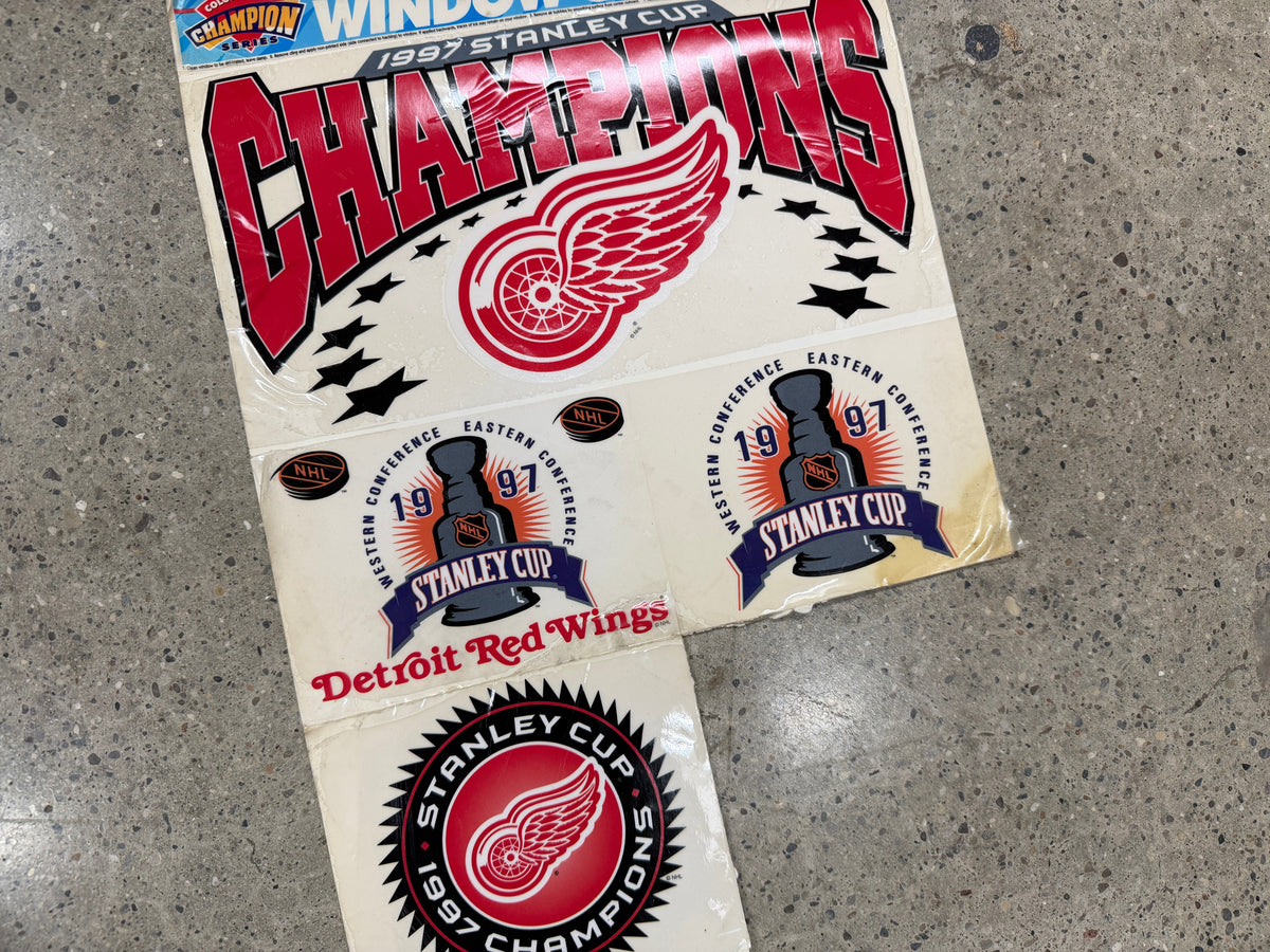1997 Detroit Red Wings Stanley Cup Champions window cling set, uncut Color Champion Series sheet with four clings