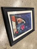 Original signed mixed-media framed work with pink rose, deep blue acrylic, torn paper collage, handwritten note, black frame white mat