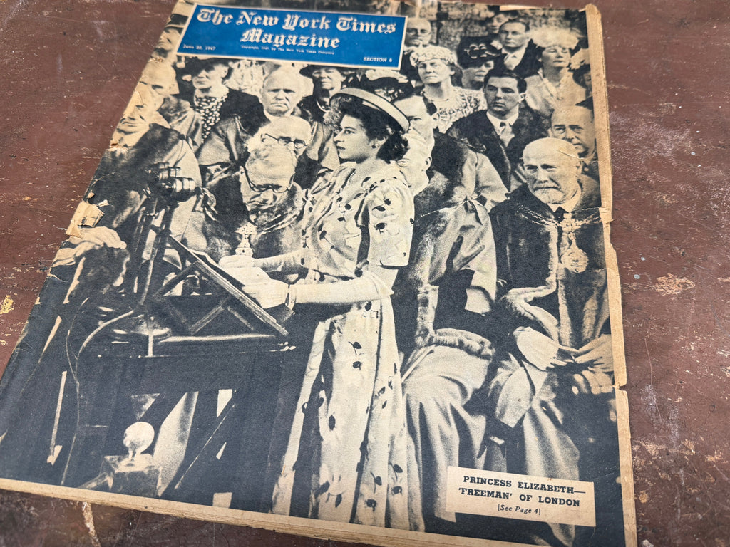 New York Times Magazine June 22 1947 cover, Princess Elizabeth Freeman of London, standing at lectern in floral dress