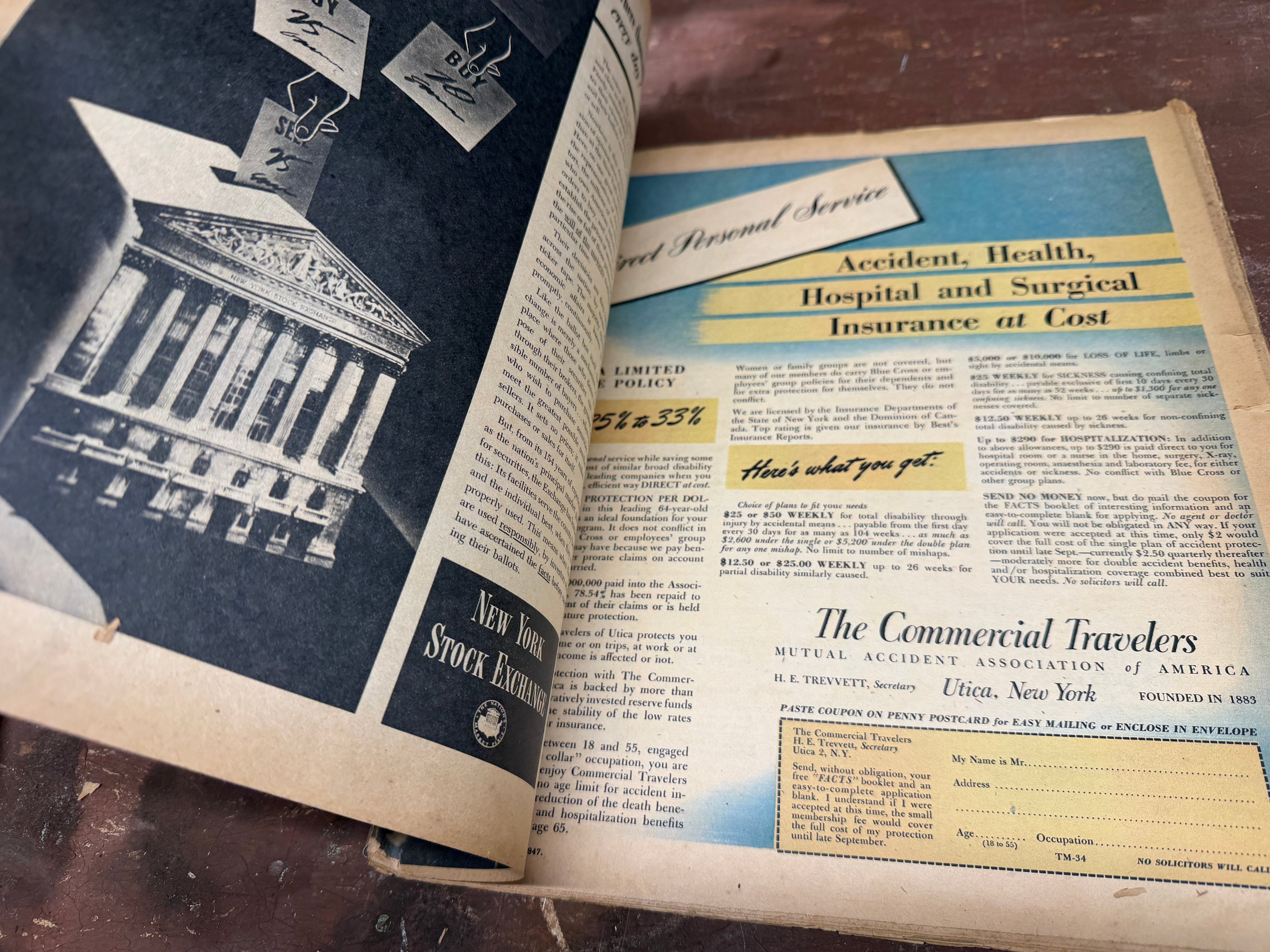 Interior spread of New York Times Magazine June 22 1947, mid-century advertisements including Commercial Travelers and New York Stock Exchange