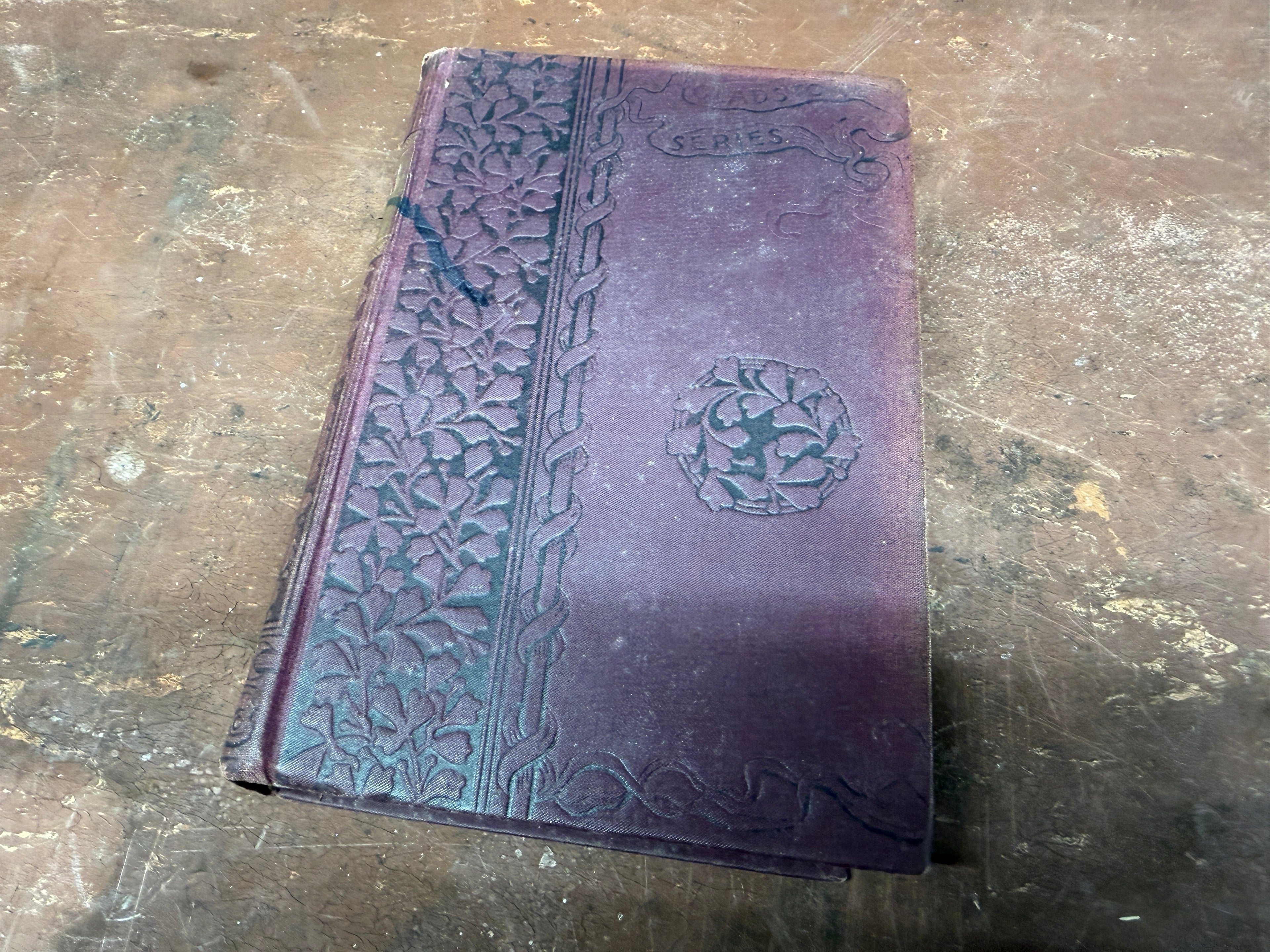 Donovan A Modern Englishman by Edna Lyall c.1895 Lotus Series, deep purple-brown embossed cloth cover with floral vine border and Tudor rose medallion