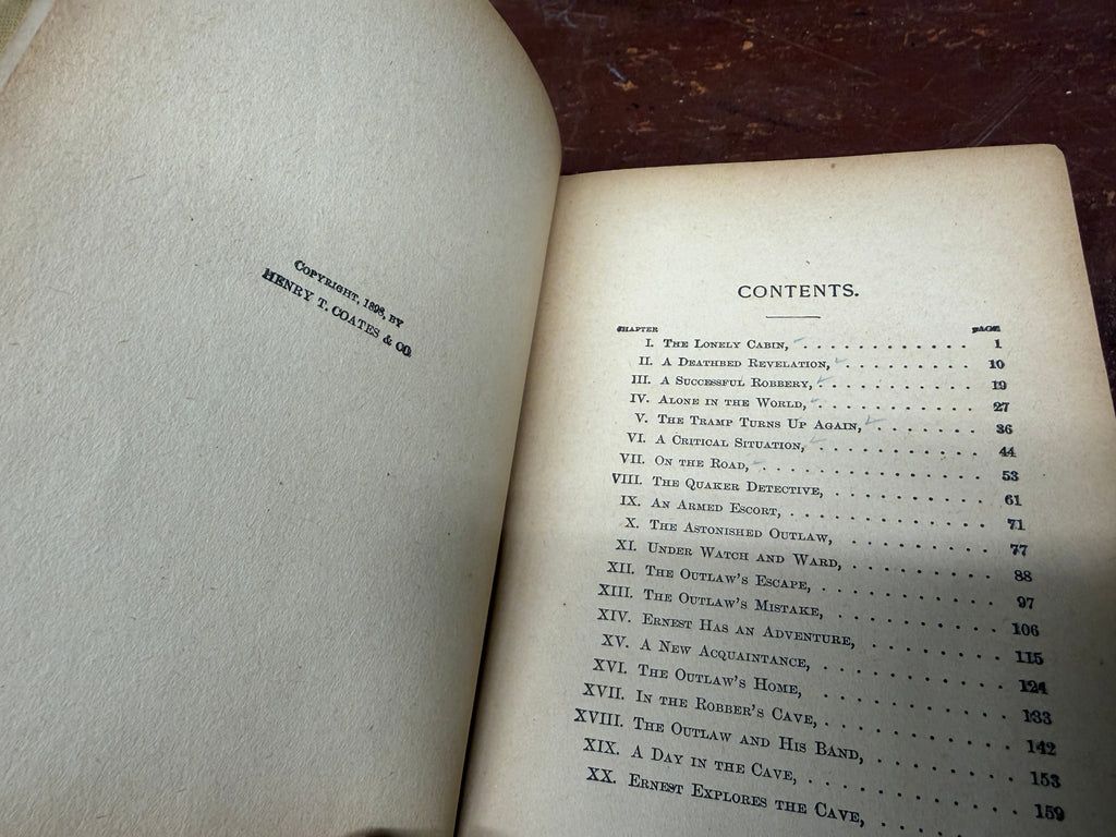 Copyright page and table of contents of The Young Bank Messenger, copyright 1898 Henry T. Coates & Co., chapter list including A Deathbed Revelation and The Quaker Detective