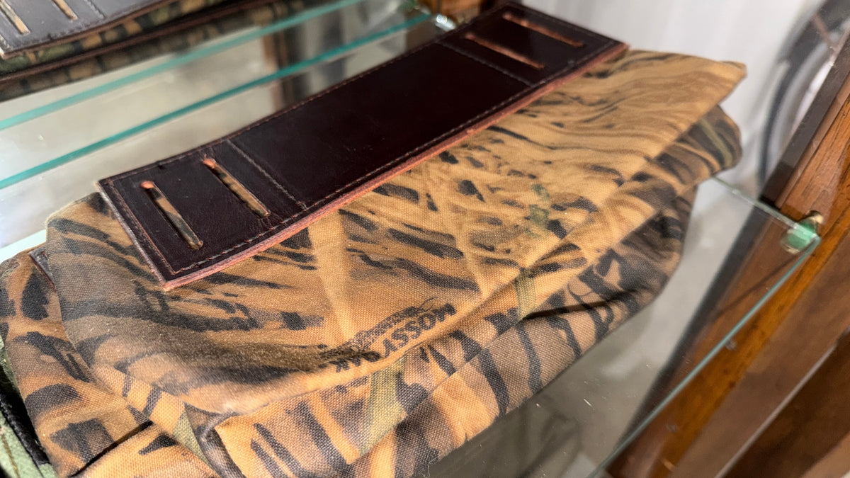 The Market Pouch in tiger stripe camo canvas with dark brown leather card slot panel, Pontiac Built by The Foundry