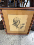 Joni Eareckson Old Salt signed framed pencil portrait of old sailor lighting a pipe in profile, wood frame with gold mat