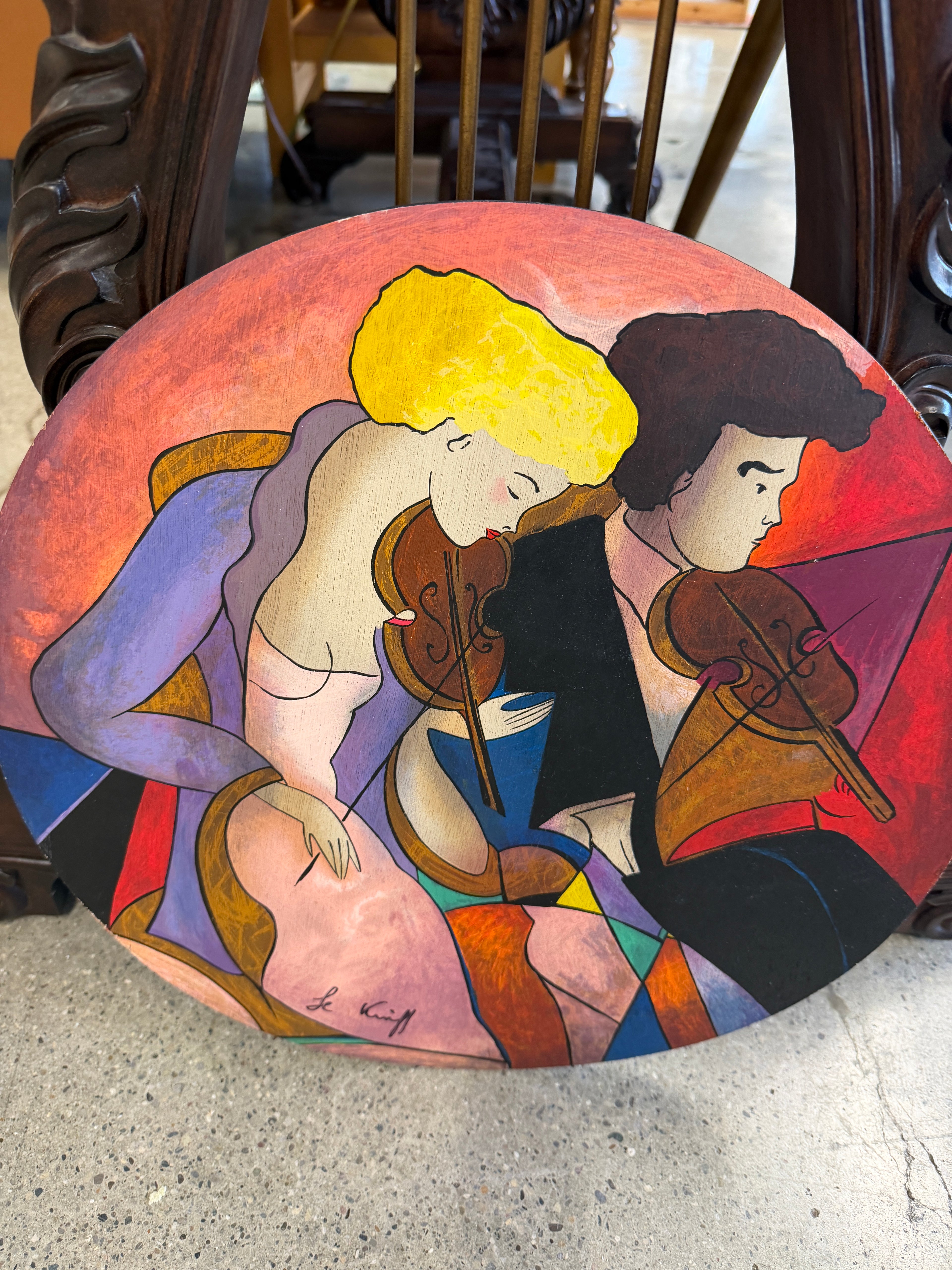 “Violin Duet” — Signed Round Painted Art Object, Kiniff Style, on Display Stand