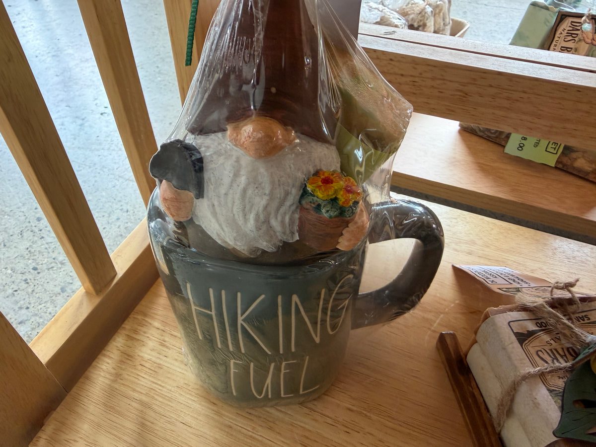 Rae Dunn Coffee Mug “Hiking Fuel” Gift Set by Dars Bars — w/ Electric Earth Soap & Garden Gnome