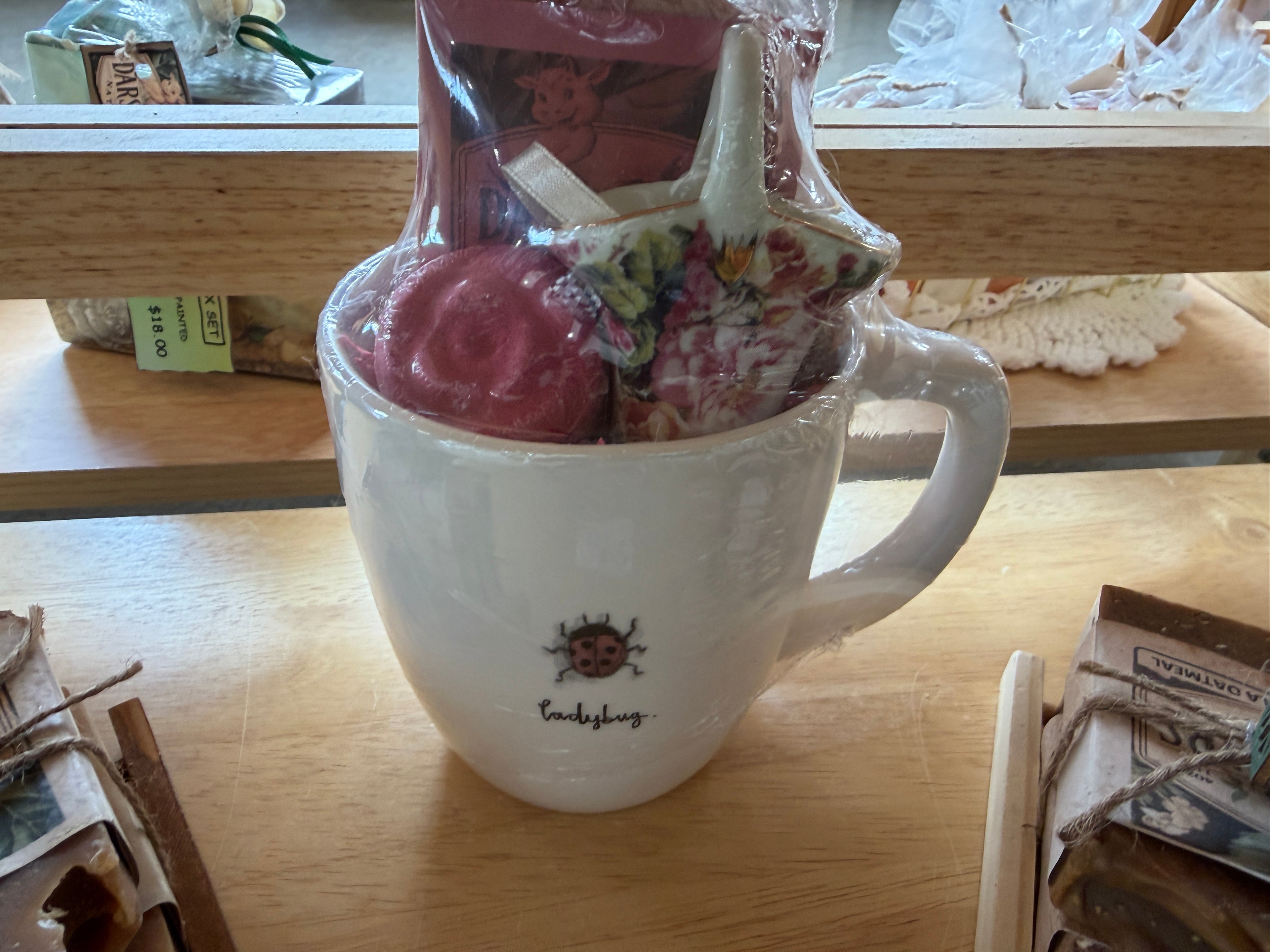 Rae Dunn Coffee Mug “Lady Bug” Gift Set by Dars Bars — w/ Heart Throb Soap, Floral Basket & Mini Rose Bath Bomb