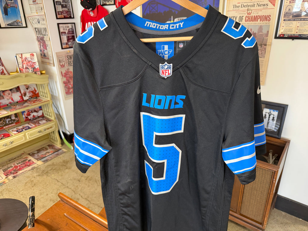 David Montgomery #5 Detroit Lions Motor City black alternate jersey front view with WCF patch