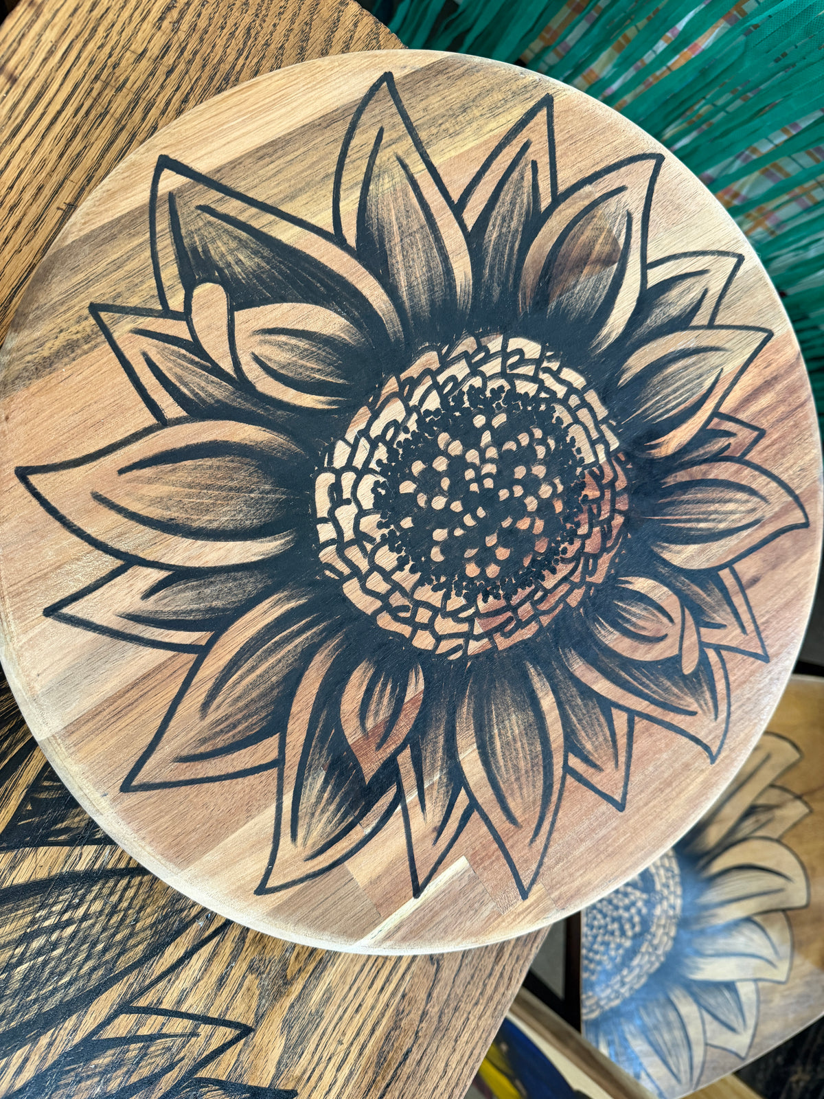 Hand-Drawn Sunflower Lazy Susan — 15" Round Acacia Wood by Artistic Transformations by Renee Reese