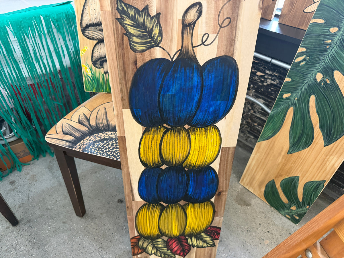 Hand-Drawn UM Pumpkin Wall Hanging — Acacia Wood, 12" x 36" by Artistic Transformations by Renee Reese