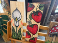 Hand-drawn strawberries with green leaves and white blossom on natural wood panel by Renee Reese